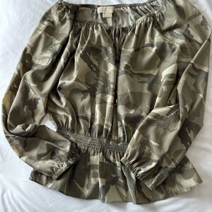 Michael Kors Olive Green Camouflage Off-Shoulder Blouse